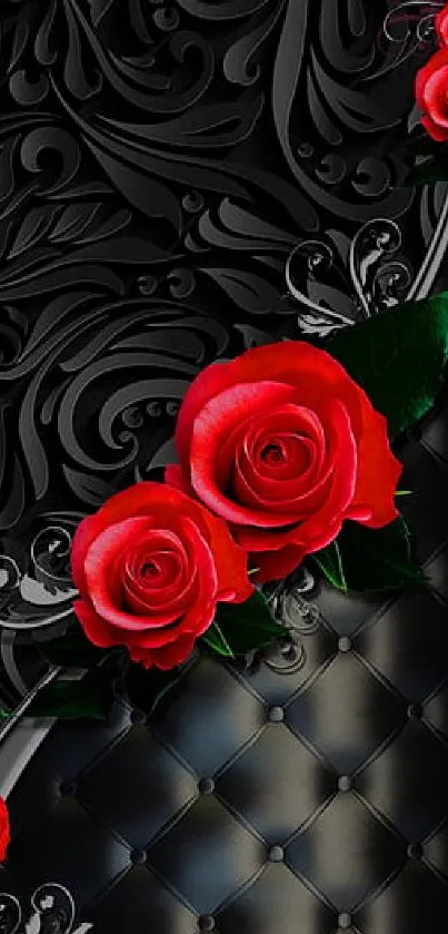 Elegant black wallpaper with red roses and patterns.