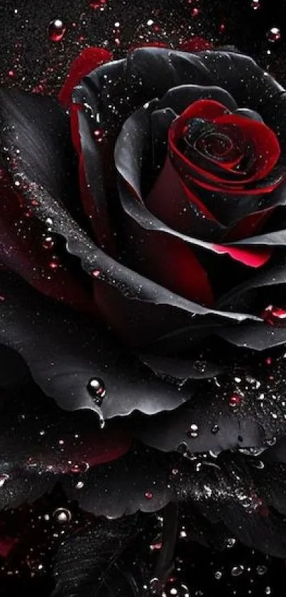 Dramatic black rose with dew drops.