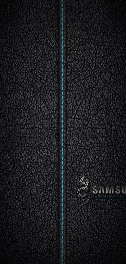 Black Samsung wallpaper with leather texture and logo.