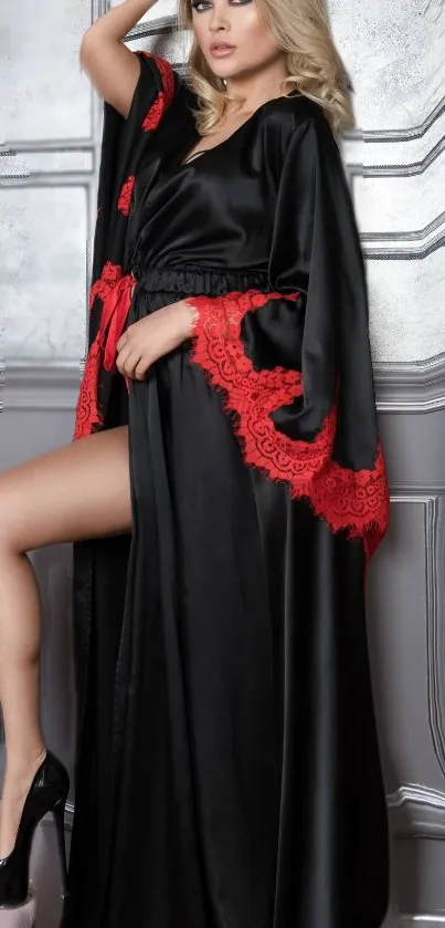 Elegant black silk robe with red lace trim for a stylish mobile wallpaper.