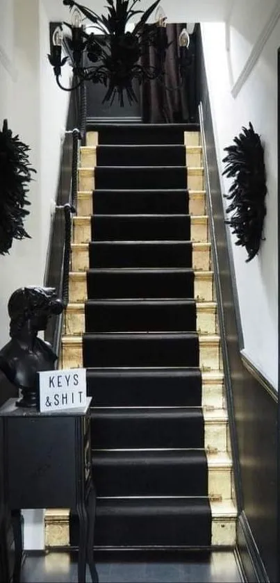 Black stairway with gold accents in a modern interior.