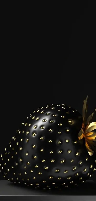 Black strawberry with gold details on a minimalist background.