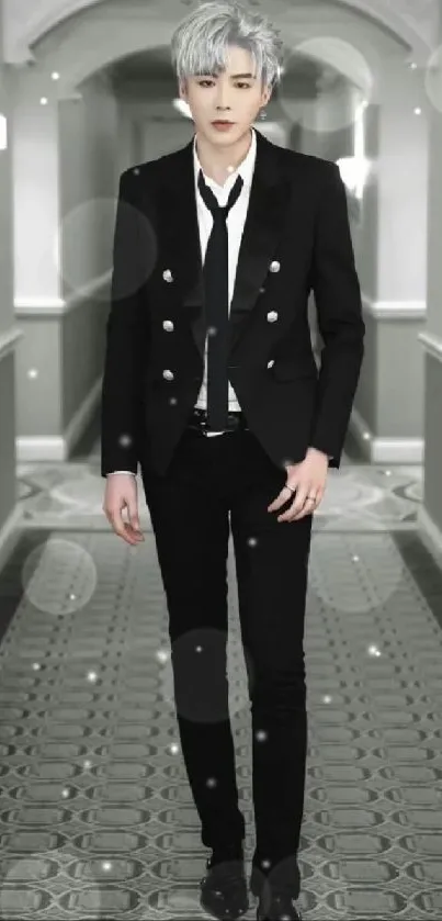 Stylish figure in black suit in a hallway background.