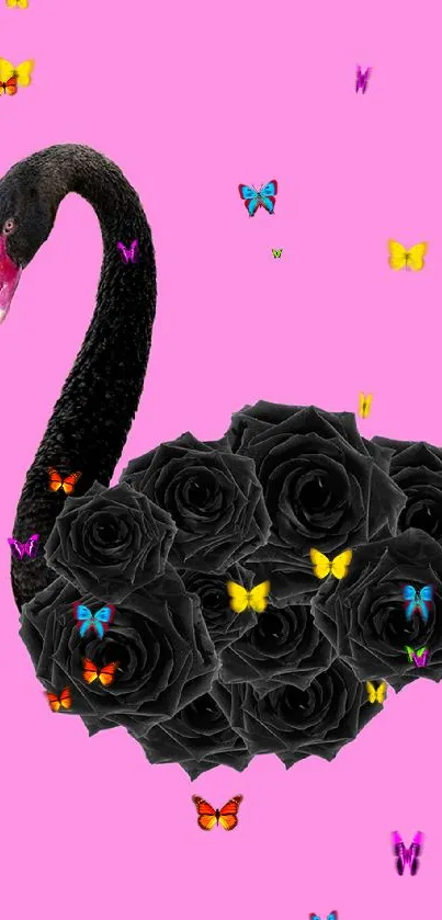 Black swan with black roses on pink background.