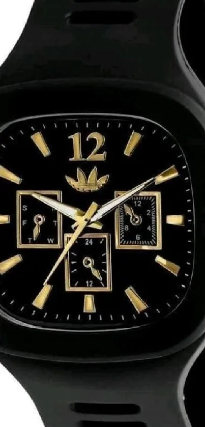 Black watch with gold accents on black background.