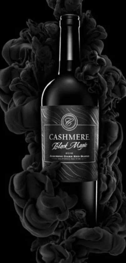 Black wine bottle with swirling smoke on dark background