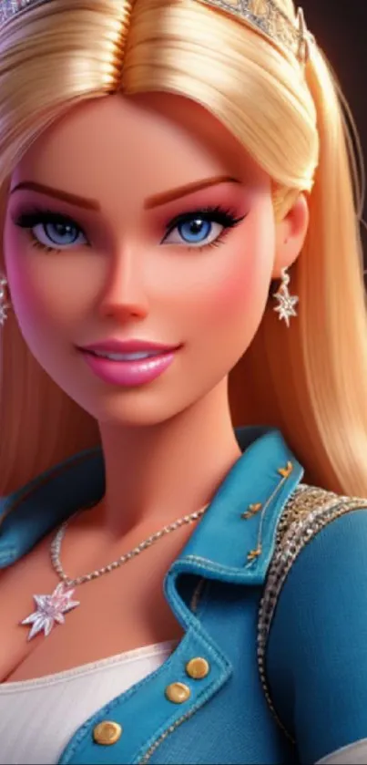 3D blonde character with jewelry and blue jacket.