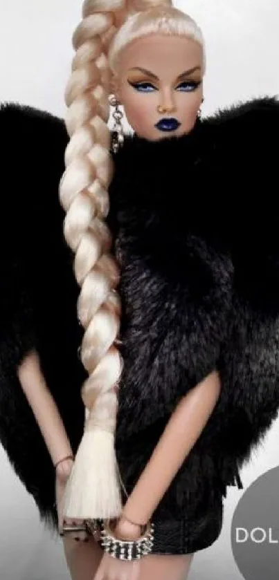 Stylish blonde doll with black faux fur outfit and braided hair.