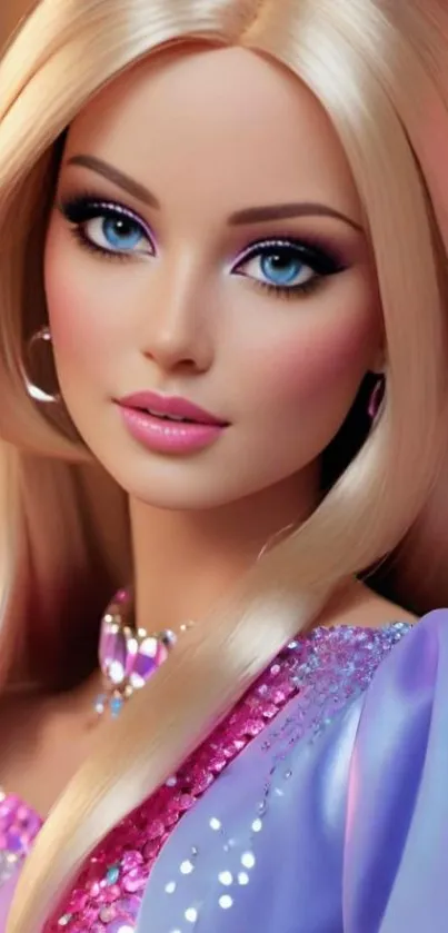 Blonde doll with lavender dress and vibrant eyes.