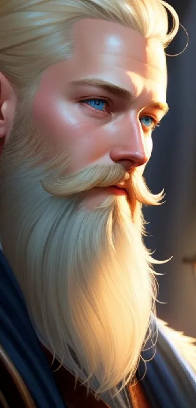 Fantasy portrait of a regal blonde character with a flowing beard in dim lighting.