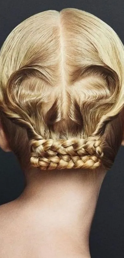 Blonde hair with intricate braids forming unique, artistic patterns.