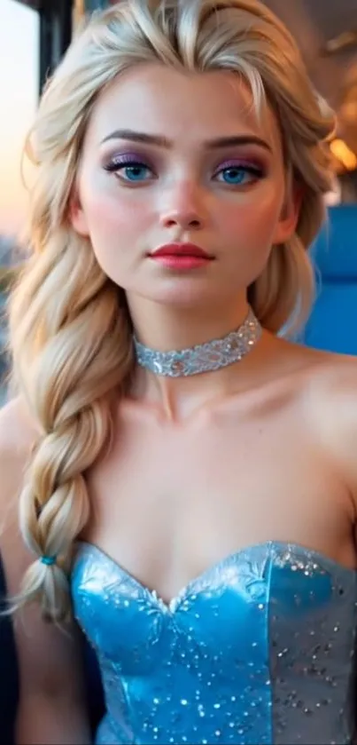 Blonde woman in a blue dress on a bus, looking elegant.