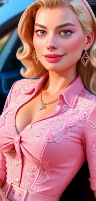 Stylish blonde woman in pink dress with elegant detailing.