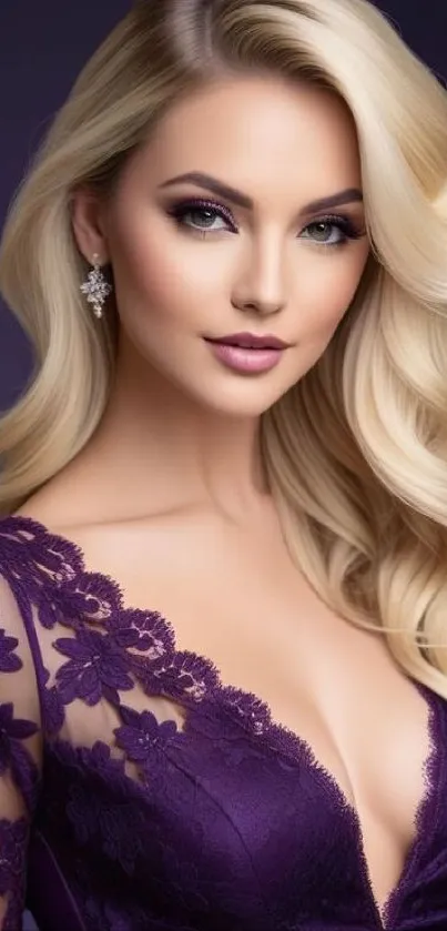 Blonde woman in purple lace dress against violet background.