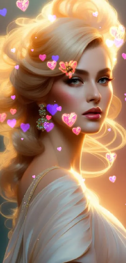 Elegant blonde woman with glowing curls in artistic portrait.