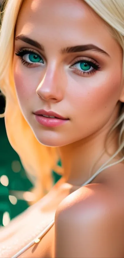 Elegant blonde woman with green eyes, perfect for mobile wallpaper.