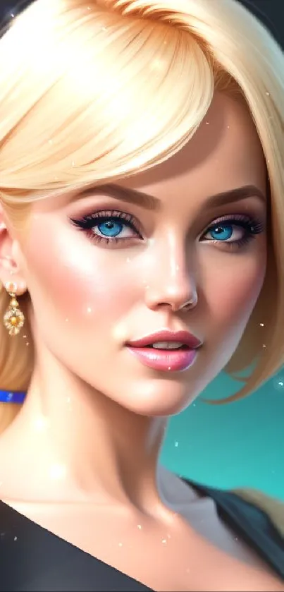 Elegant blonde woman with blue eyes and gold accents in a teal-themed portrait.