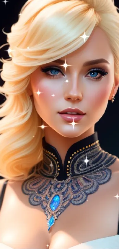 Elegant blonde woman digital art with intricate jewelry.