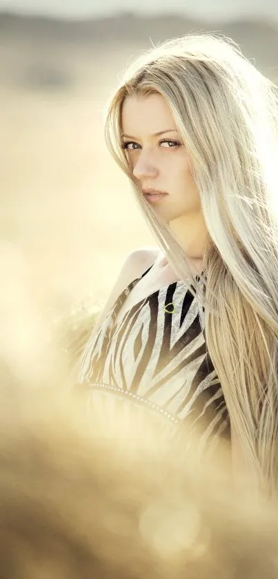 Elegant mobile wallpaper featuring a blonde woman with long hair in a natural setting.