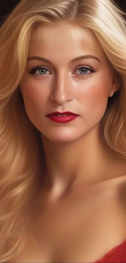 Portrait of a blonde woman with red lips.