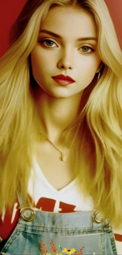Elegant blonde portrait on red background.
