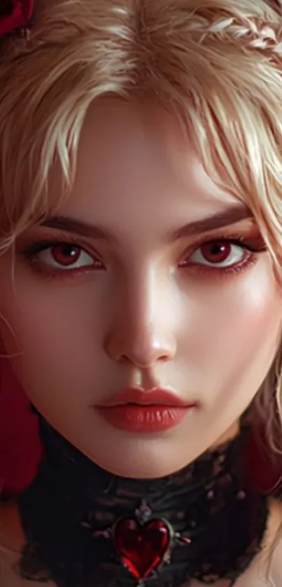 Elegant blonde woman portrait with red accents.