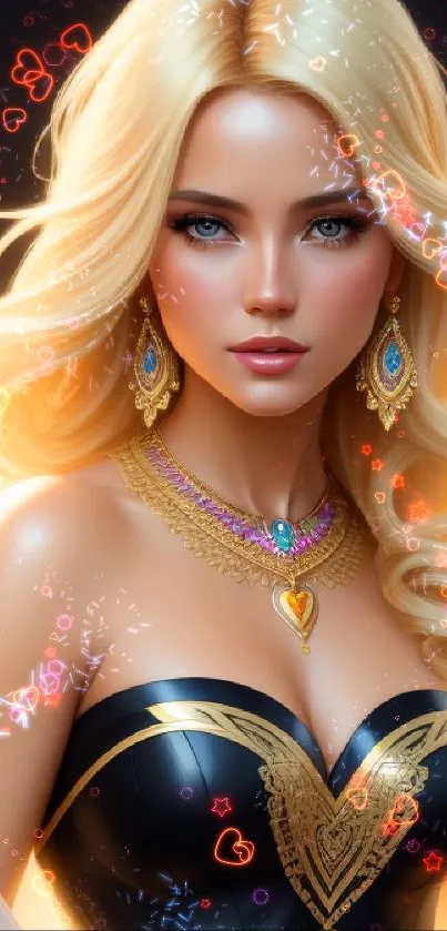 Elegant blonde woman with gold jewelry in artistic style wallpaper.