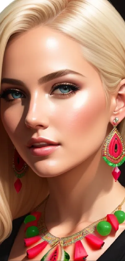 Blonde woman with vibrant jewelry and a stylish outfit.