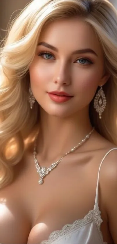 Elegant portrait of blonde woman with intricate jewelry and soft lighting.