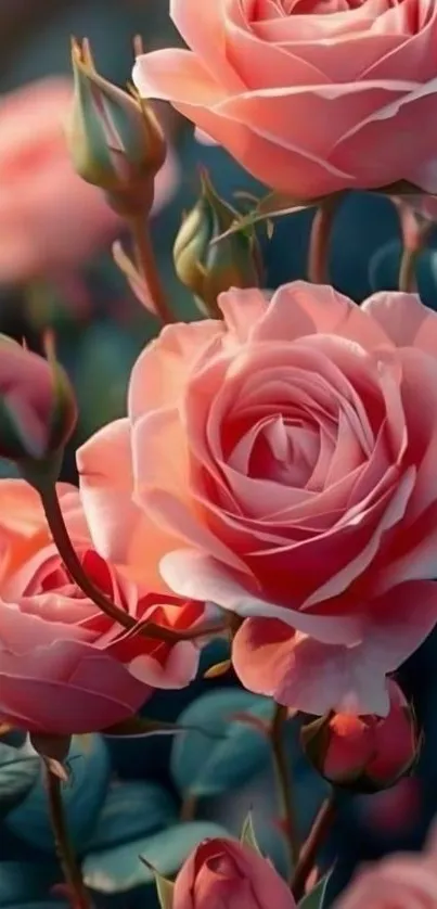 Elegant blooming pink roses with lush green leaves.