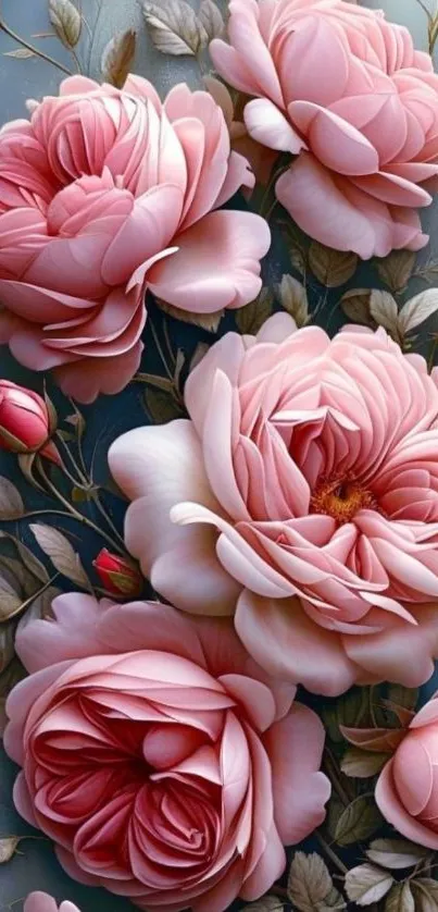 Elegant pink peony flowers on blue background.