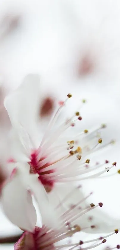 Close-up of delicate white blossoms with subtle pink hues on petals, in soft focus.