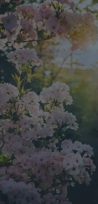 Blossoming flowers in morning sunlight, creating a serene natural scene.