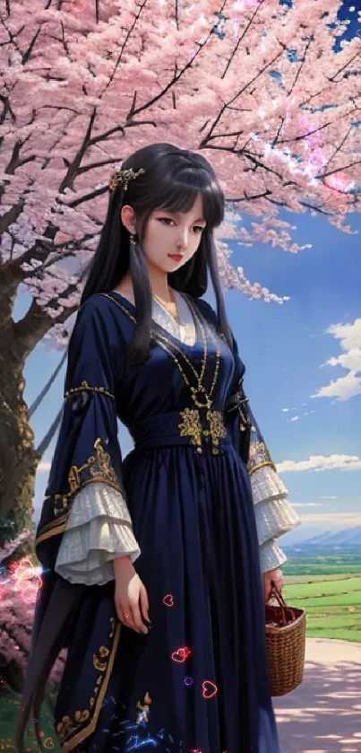 Woman in blue dress under cherry blossoms with a serene landscape backdrop.