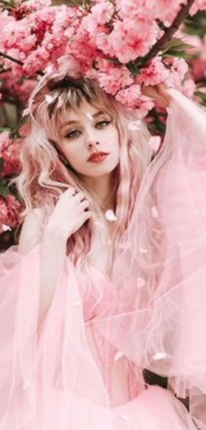 Woman in pink dress among cherry blossoms.