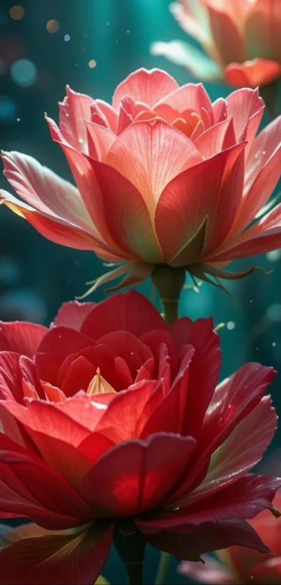 Vibrant red blossoms with a mystical glow.