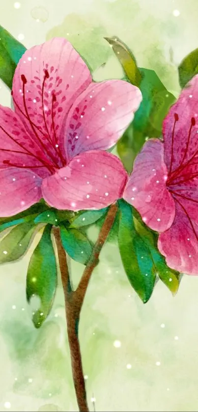 Watercolor painting of pink blossoms with green leaves on a pastel background.