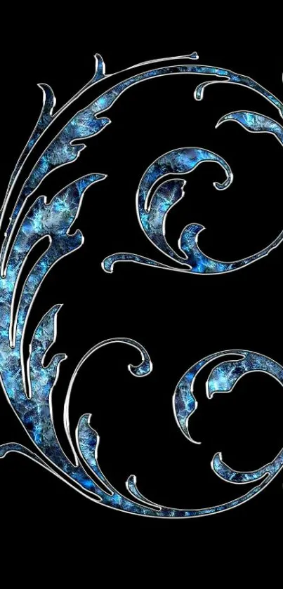 Elegant blue swirling pattern on black background.