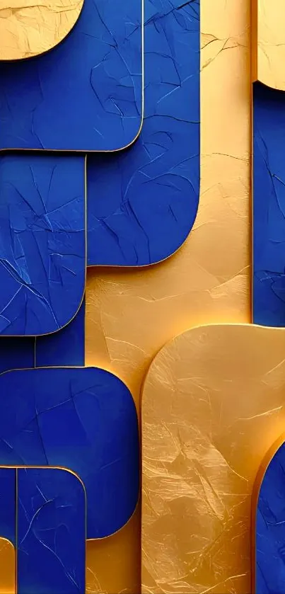 Blue and gold abstract geometric wallpaper design.
