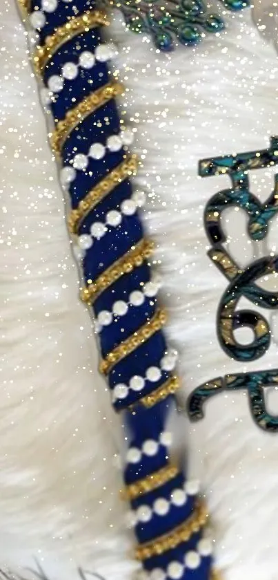 Elegant blue design with gold beading on white background