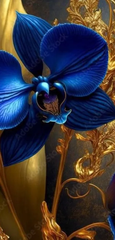 Elegant blue floral design with golden accents.
