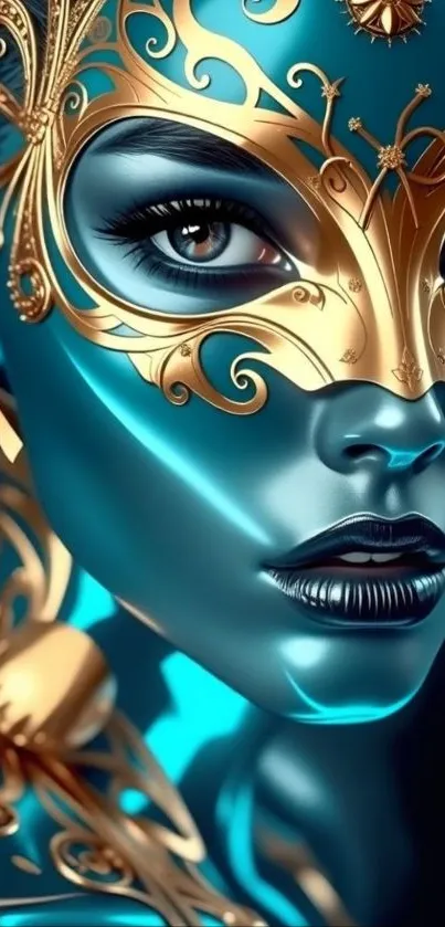 A stunning blue and gold mask artwork wallpaper for mobile devices.