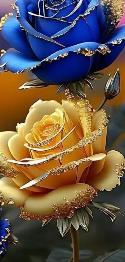 Blue and gold roses mobile wallpaper with artistic design.