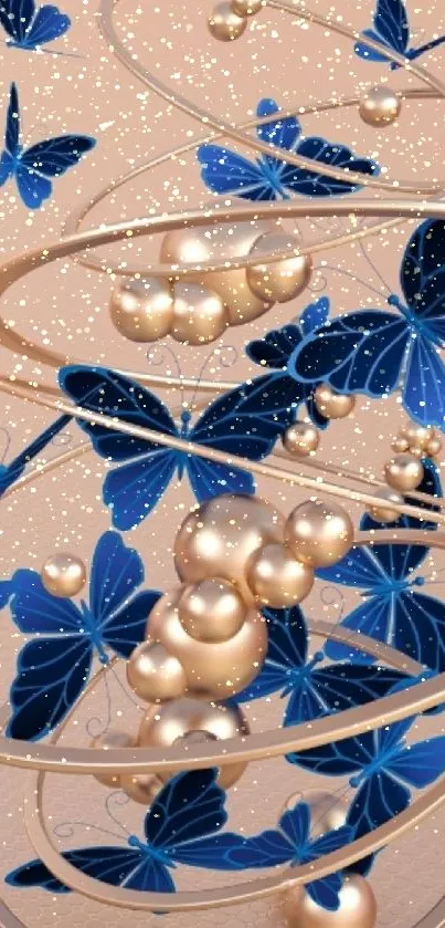 Elegant wallpaper with blue butterflies and gold spheres.