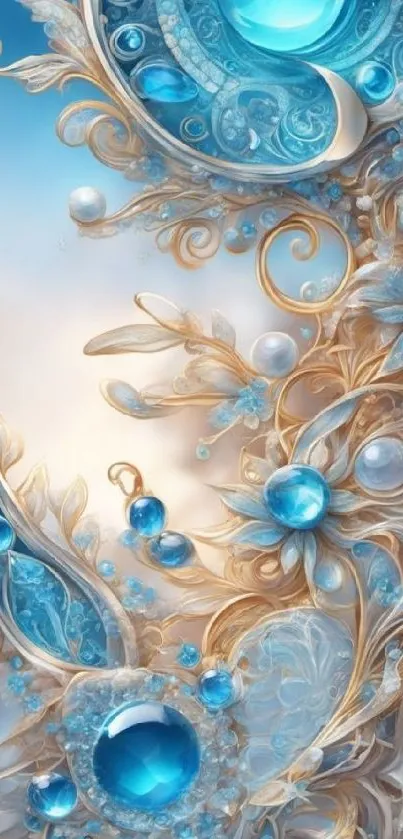 Elegant mobile wallpaper with blue and gold floral design.