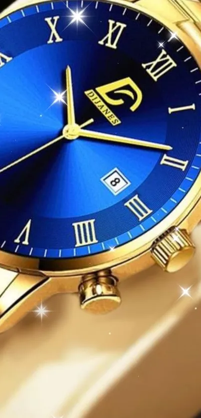 Elegant blue and gold watch with Roman numerals on mobile wallpaper.