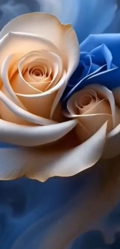 Elegant blue and peach roses in a dreamy floral setting.