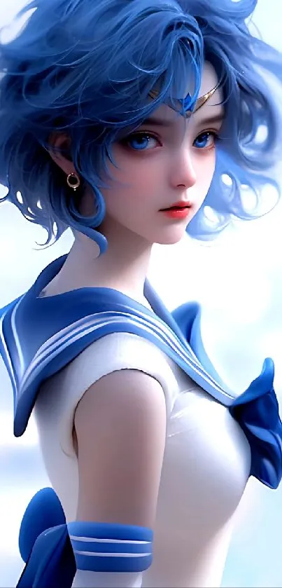 Elegant anime girl with blue hair and sailor outfit on a mobile wallpaper.