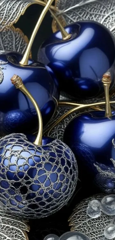 Glossy blue apples with silver leaves