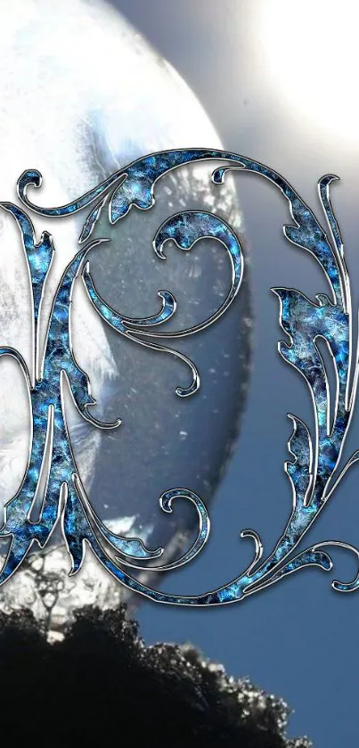 Elegant blue decorative letter on artistic wallpaper.